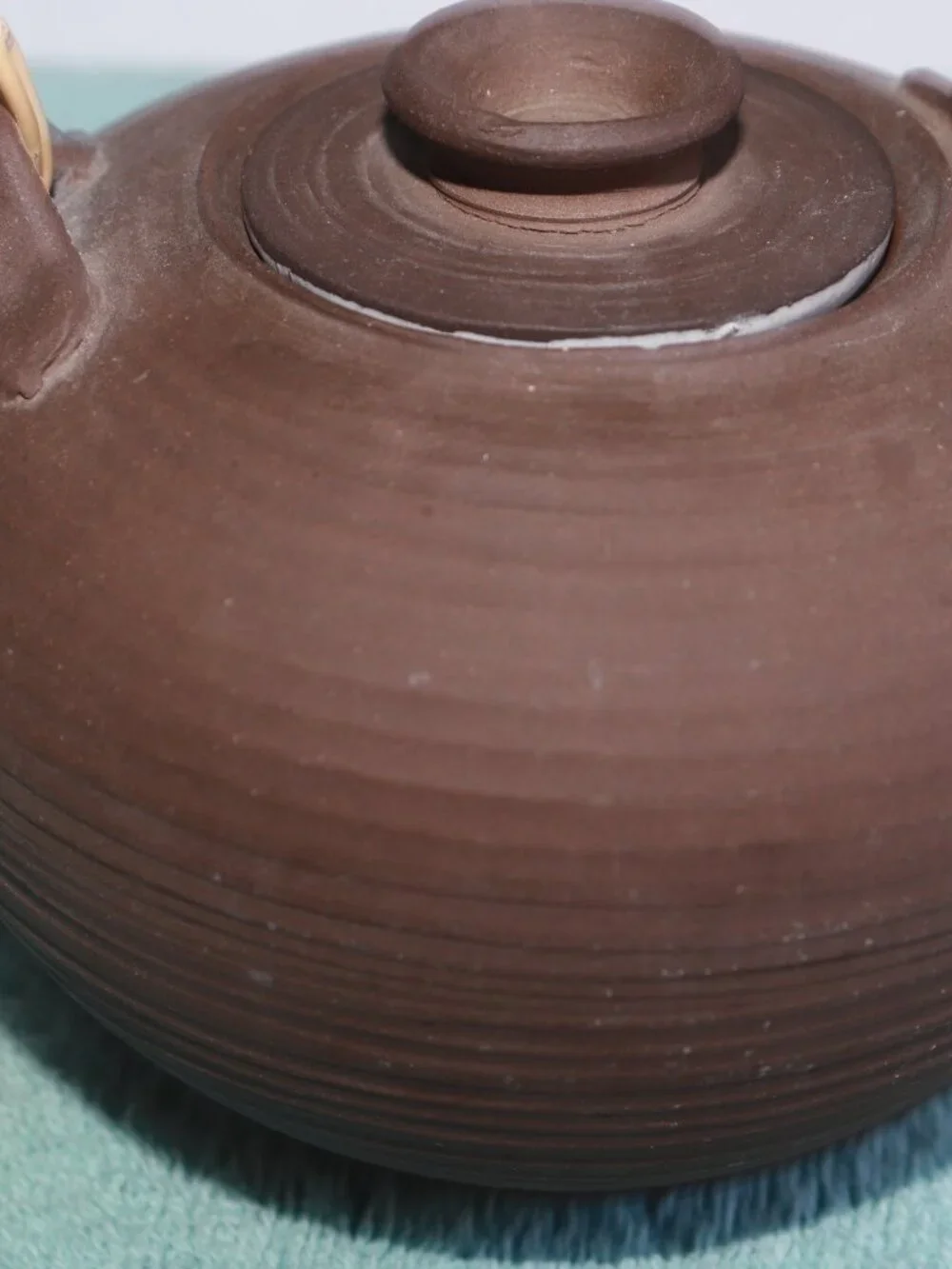 Vintage Handmade Earthenware Teapot Bamboo Handle Rustic Folk Art Pottery